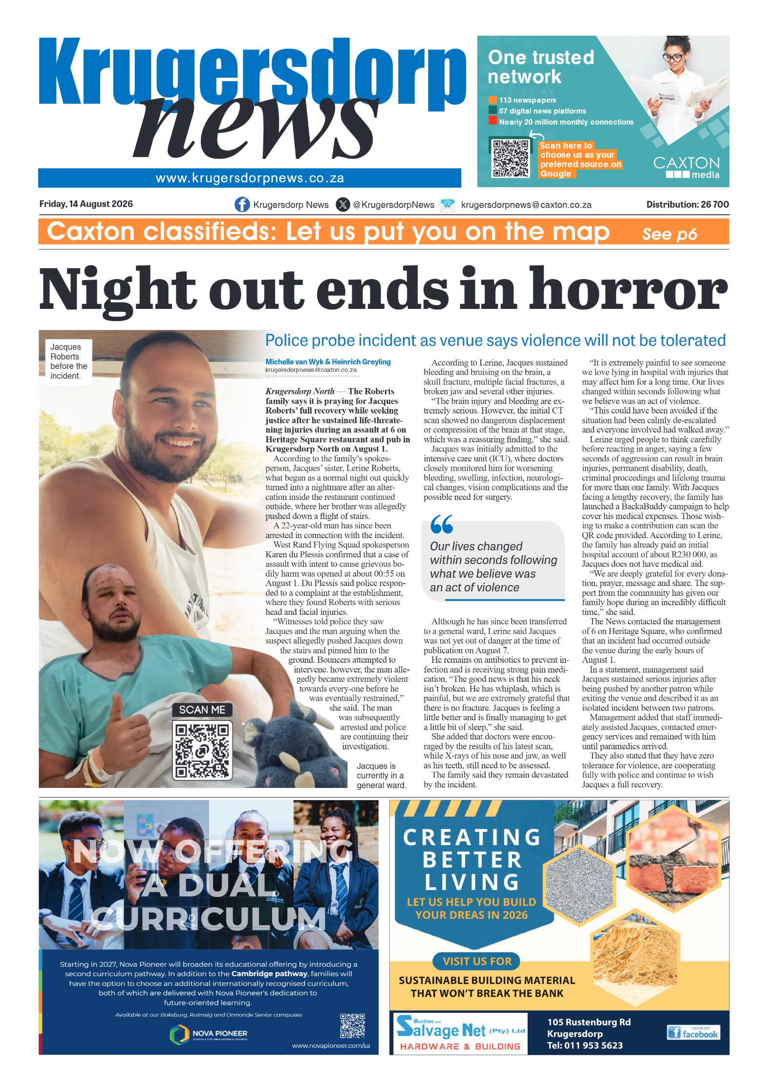Krugersdorp News 14 August 2026 page 1