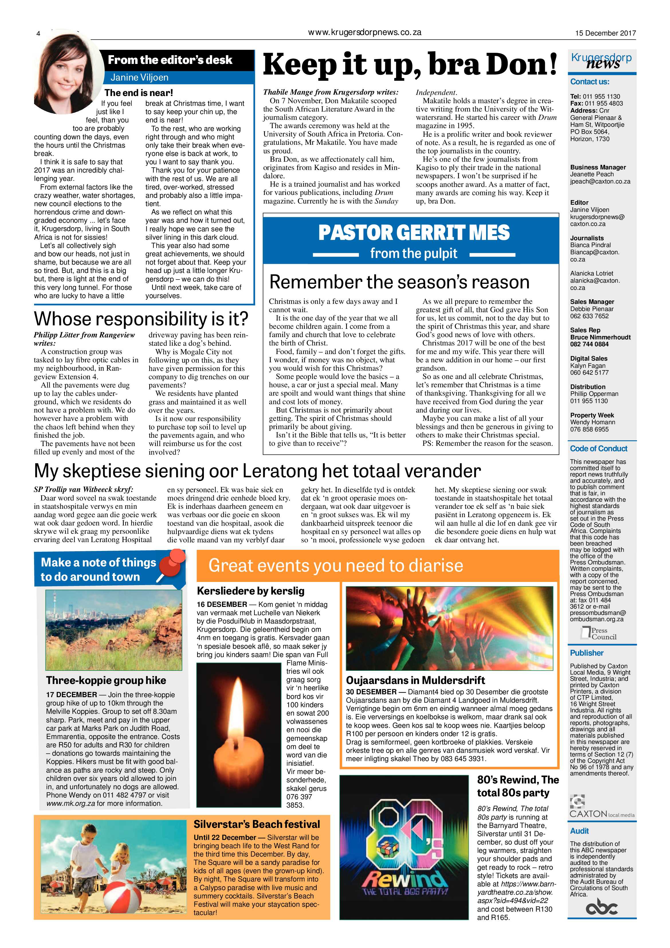 Krugersdorp News 15 December 2017 page 4