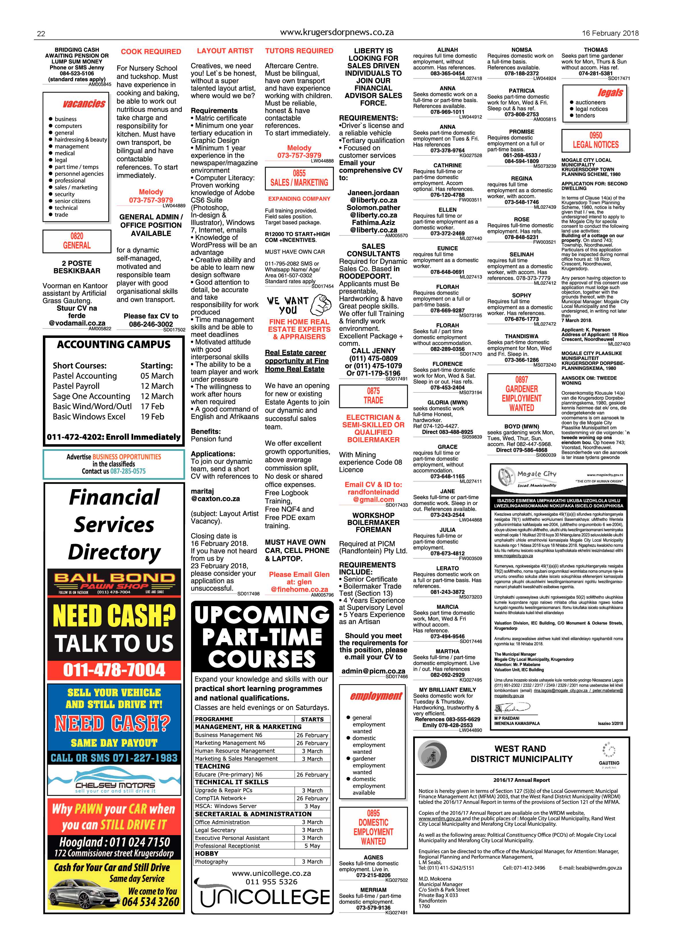 Krugersdorp News 16 February 2018 page 22