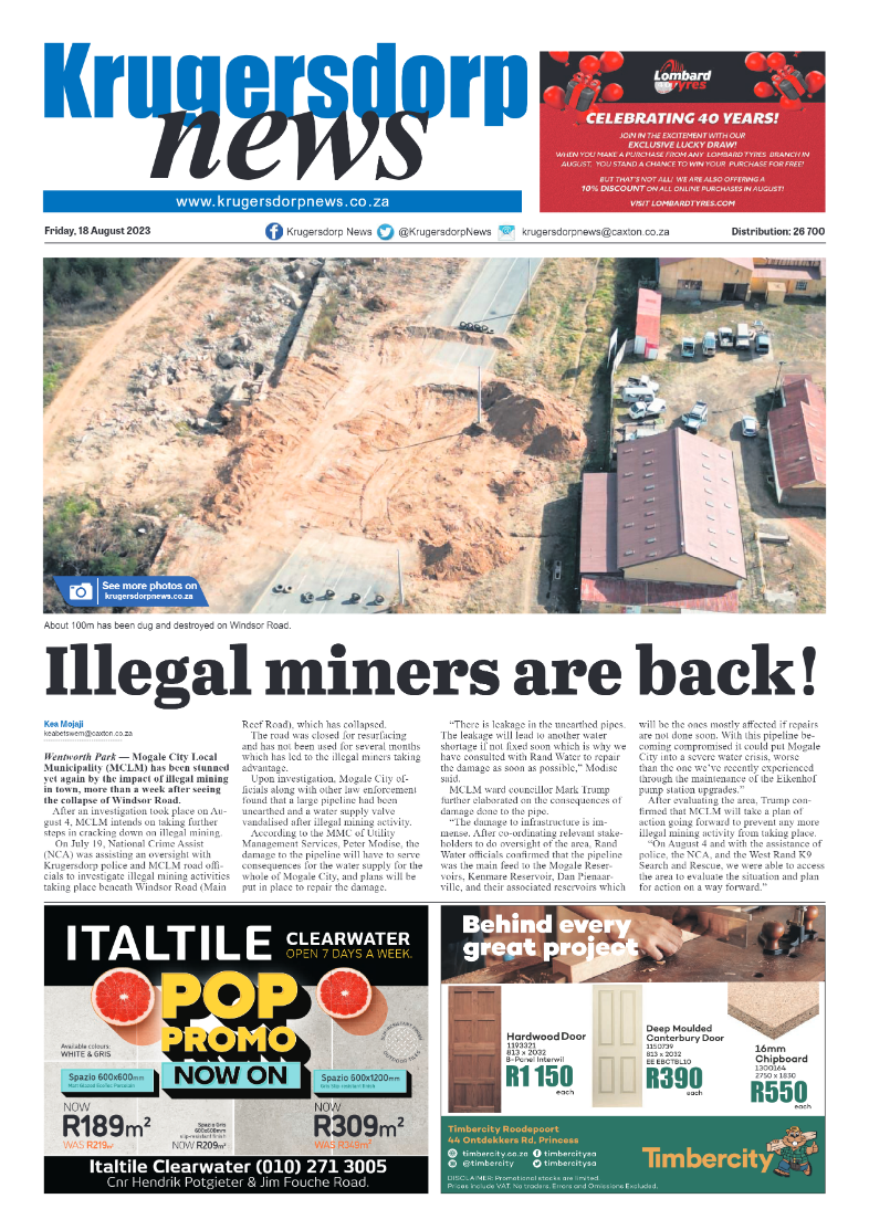 Krugersdorp News 18 August 2023 page 1