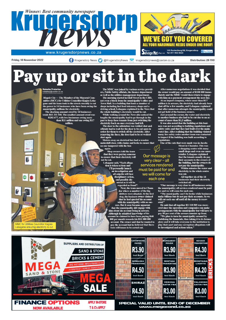 Krugersdorp News 18 November 2022 page 1