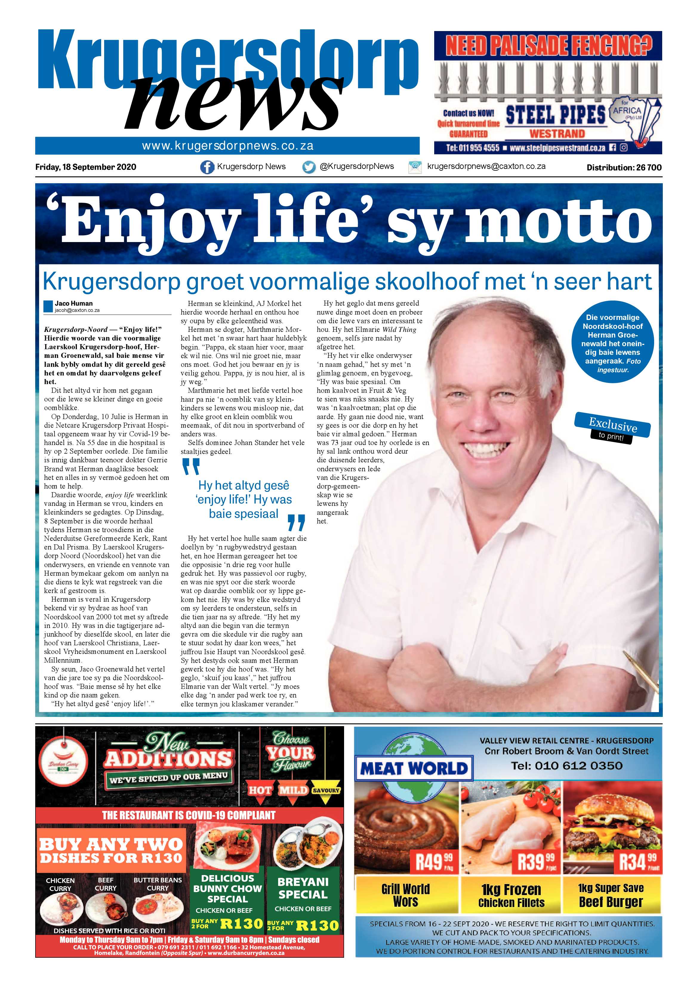 Krugersdorp News 18 September 2020 page 1