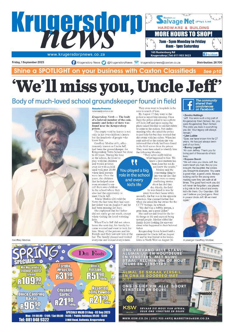 Krugersdorp News 1 September 2023 page 1