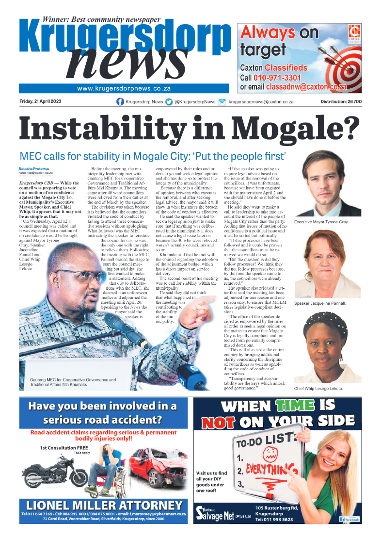 Krugersdorp News 21 April 2023 page 1