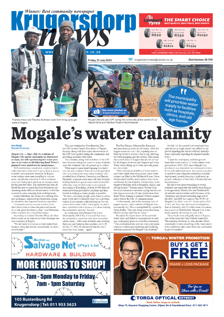 Krugersdorp News 21 July 2023 page 1