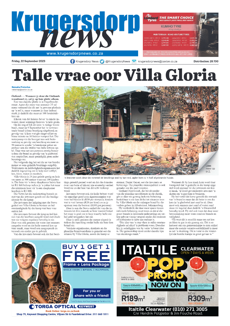 Krugersdorp News 22 September 2023 page 1