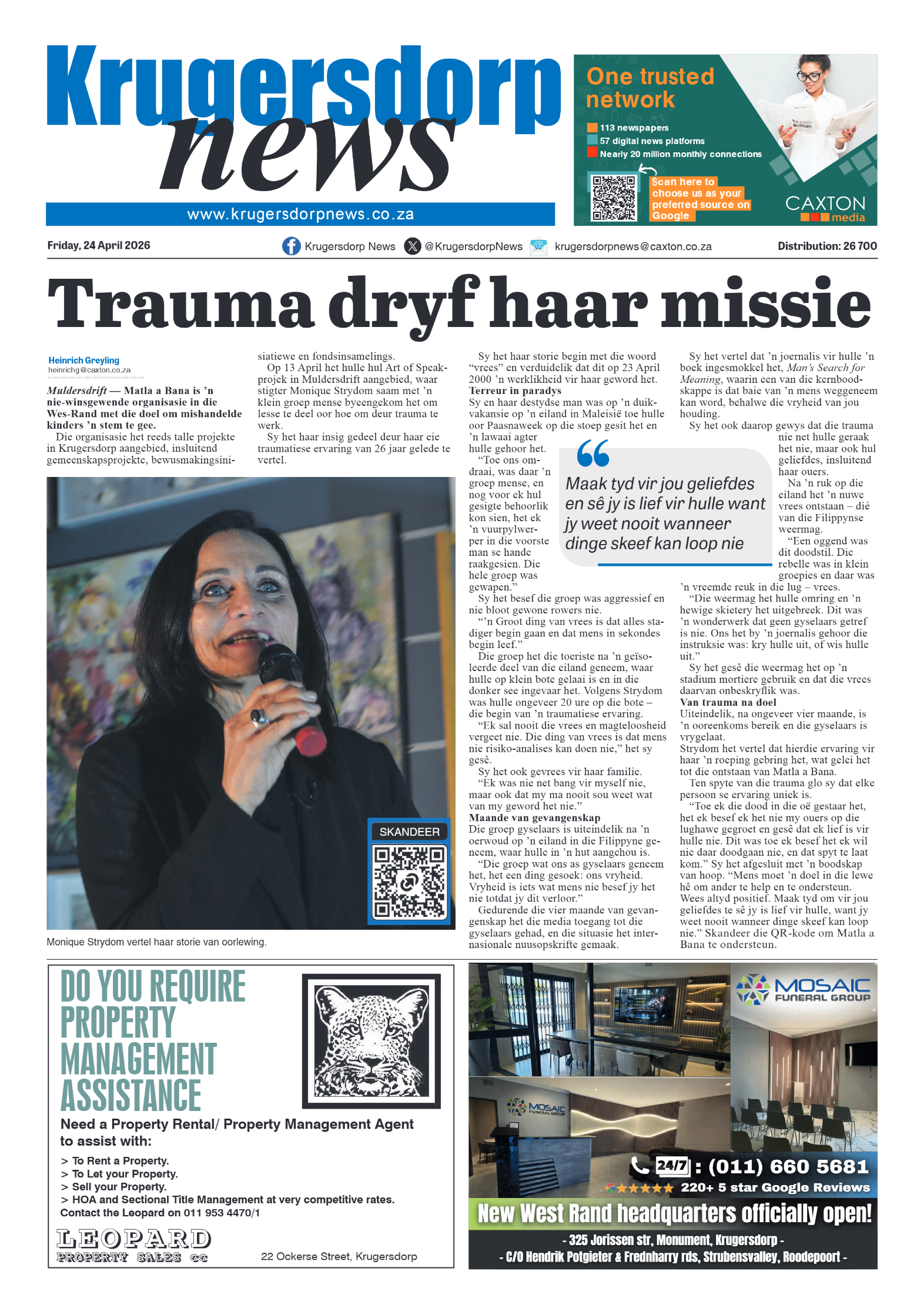 Krugersdorp News 24 April 2026 page 1
