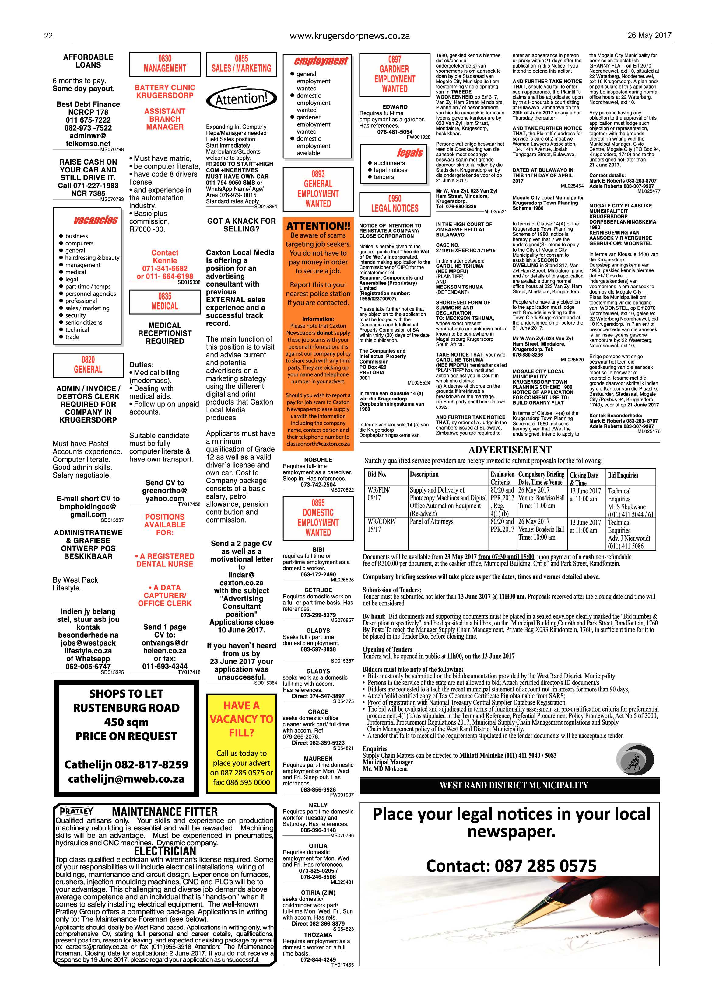 Krugersdorp News 26 May 2017 page 22