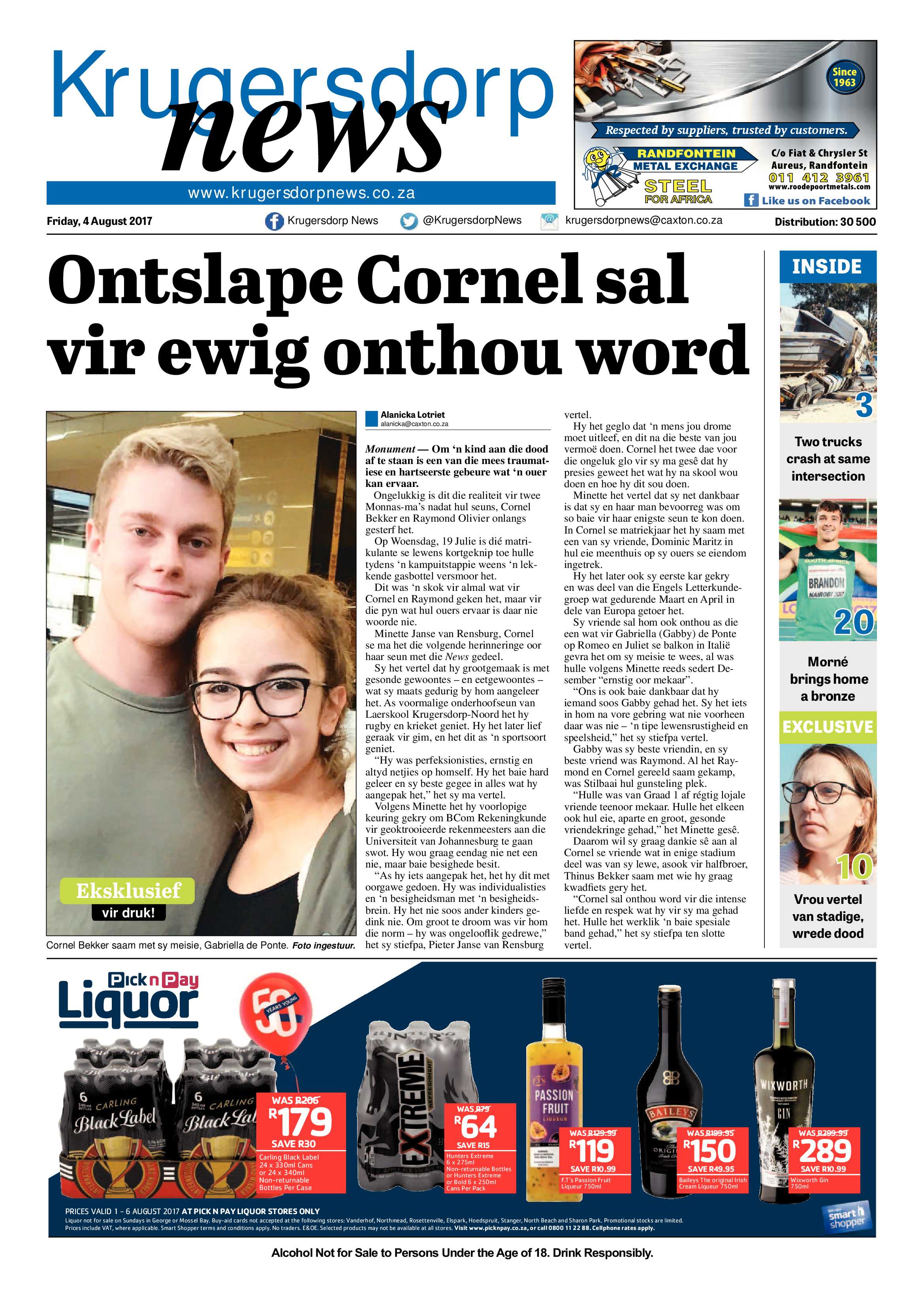 Krugersdorp News 4 August 2017 page 1