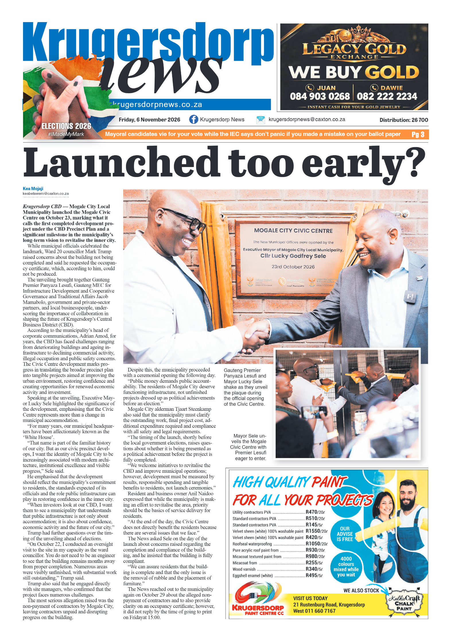 Krugersdorp News 6 November 2026 page 1